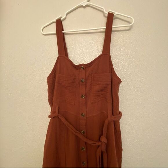 Orange Lagenlook cotton gauze muslin wide leg jumpsuit beltvbutton pocket L - Picture 5 of 13